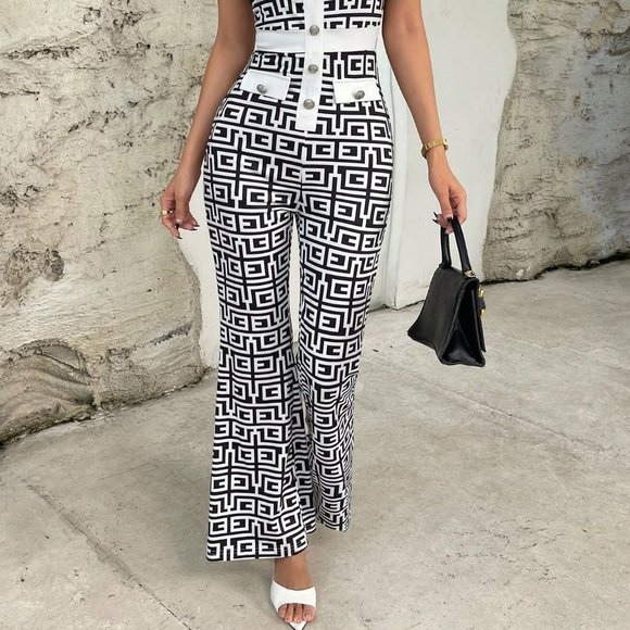 White & Black Preppy Womens Geo Print Button Front Tube Jumpsuit - Picture 5 of 6